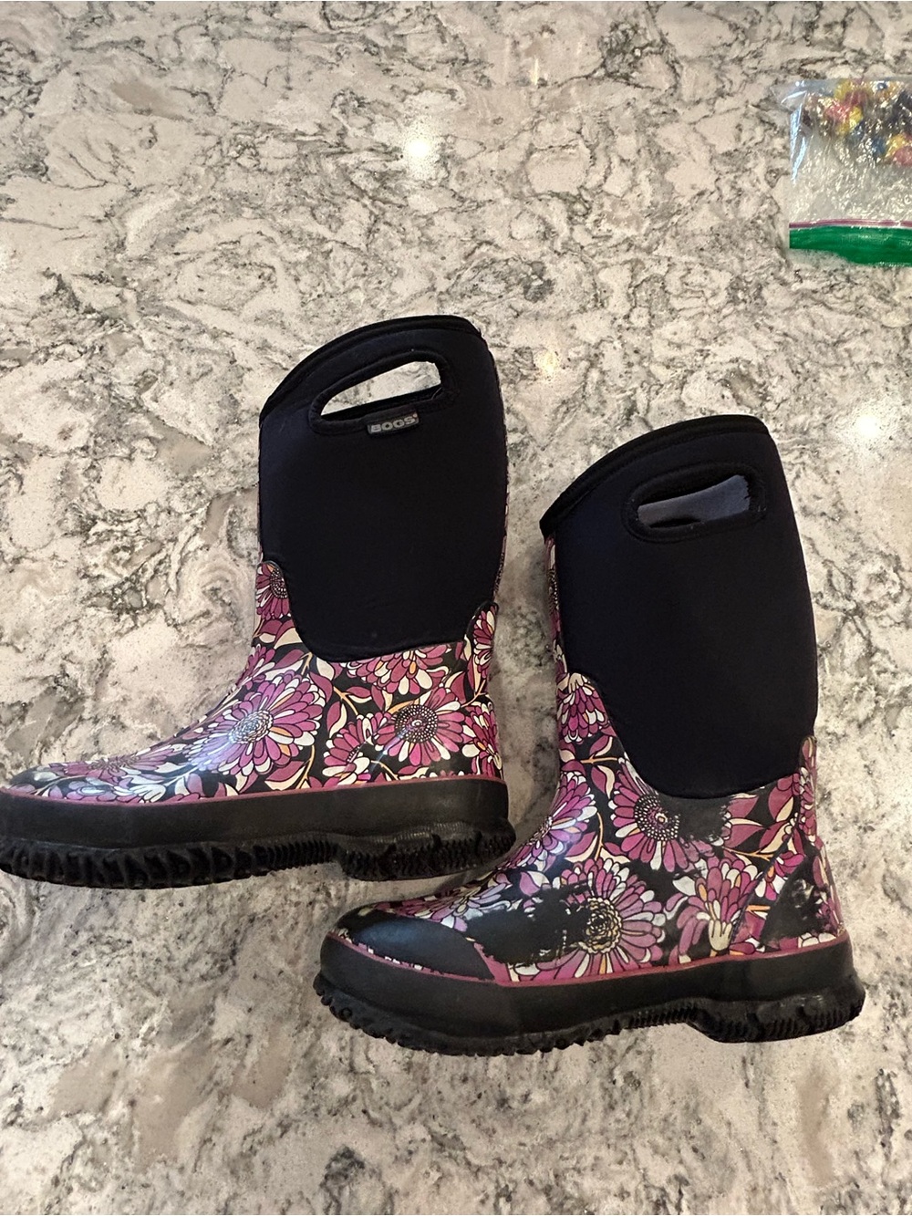 Bogs Kids Black & Pink Floral Waterproof Rain Boots